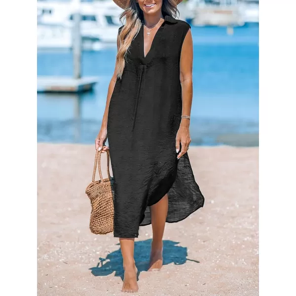imageCUPSHE Womens Casual Sleeveless Side Split Long Cardigans V Neck Swimsuit Cover Up Long Beach DressBlack