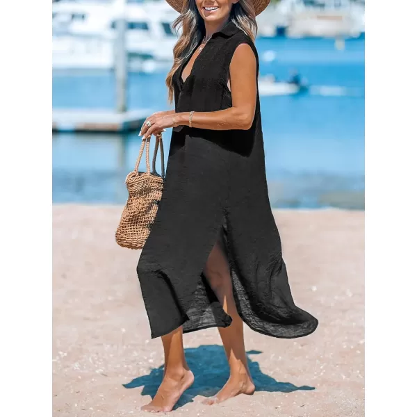 imageCUPSHE Womens Casual Sleeveless Side Split Long Cardigans V Neck Swimsuit Cover Up Long Beach DressBlack