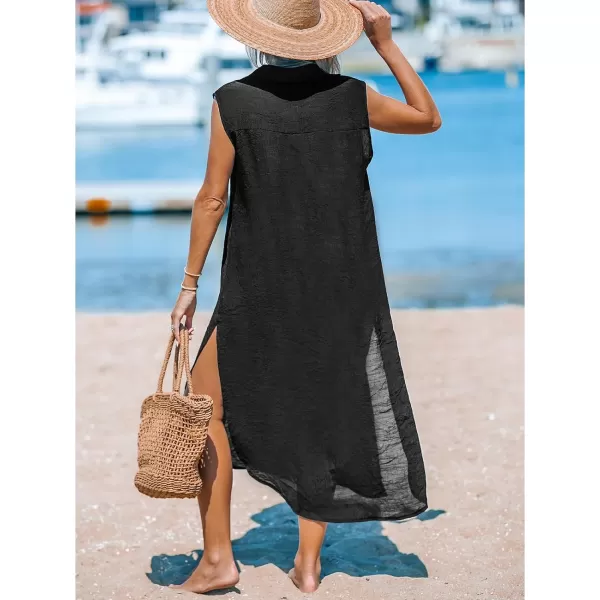 imageCUPSHE Womens Casual Sleeveless Side Split Long Cardigans V Neck Swimsuit Cover Up Long Beach DressBlack