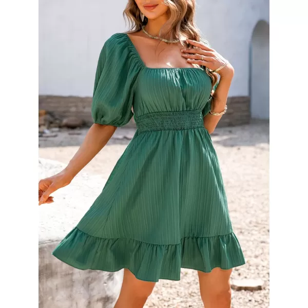 imageCUPSHE Womens Casual Square Neck Short Length Dresses Smocking Waist Summer Mini Dress with Flounce HemGreen