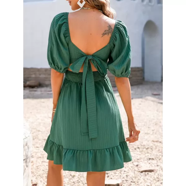 imageCUPSHE Womens Casual Square Neck Short Length Dresses Smocking Waist Summer Mini Dress with Flounce HemGreen