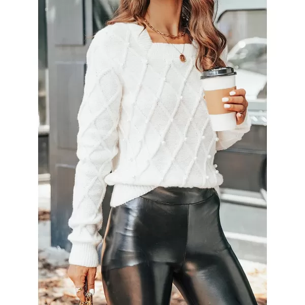 imageCUPSHE Womens Casual Square Neck Sweater Knit Long Sleeves Pullover with Faux PearlsWhite