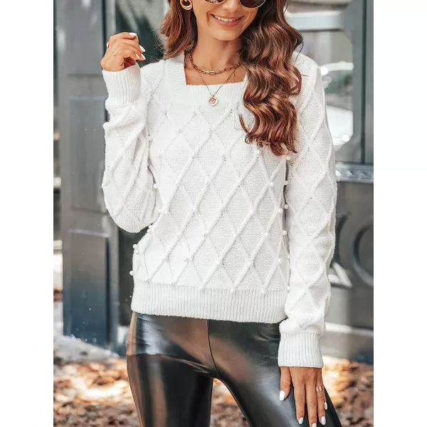 imageCUPSHE Womens Casual Square Neck Sweater Knit Long Sleeves Pullover with Faux PearlsWhite