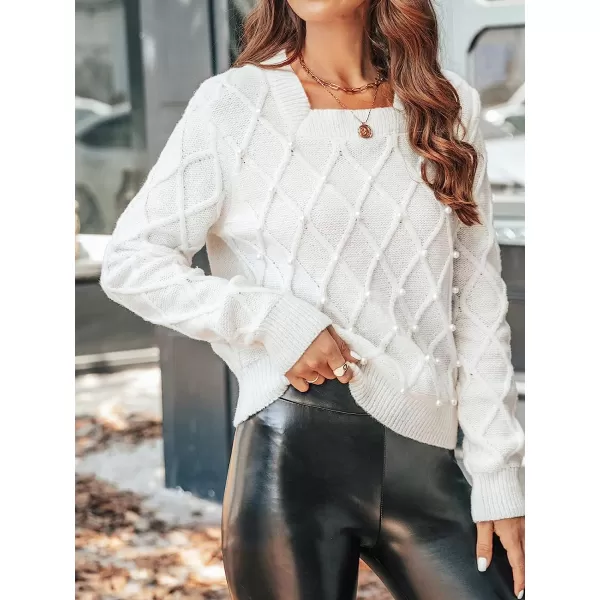 imageCUPSHE Womens Casual Square Neck Sweater Knit Long Sleeves Pullover with Faux PearlsWhite