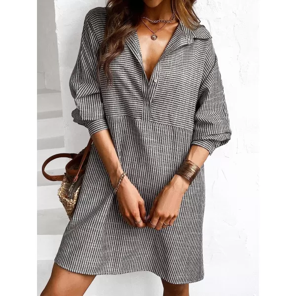 imageCUPSHE Womens Casual Striped VNeck Mini Shirt Dress Lapel Collar Half Sleeve Autumn Loost Fitted DressesGrey