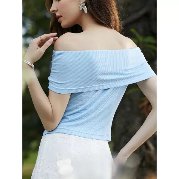 imageCUPSHE Womens Casual Tops Blouse OffShoulder Ribbed Knit Solid Top Sexy Slim Fit BlousesBlue