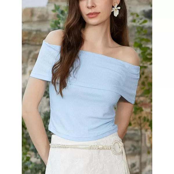 imageCUPSHE Womens Casual Tops Blouse OffShoulder Ribbed Knit Solid Top Sexy Slim Fit BlousesBlue