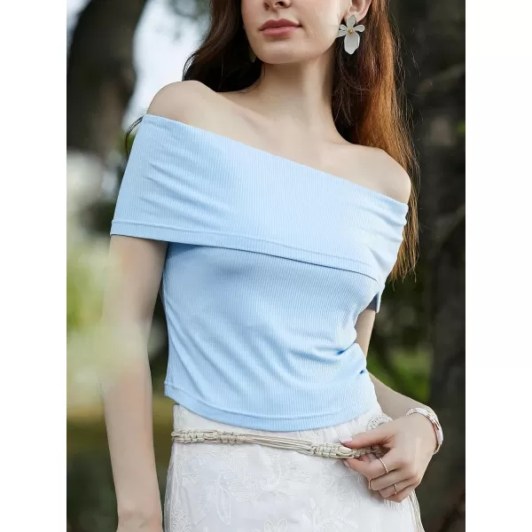 imageCUPSHE Womens Casual Tops Blouse OffShoulder Ribbed Knit Solid Top Sexy Slim Fit BlousesBlue