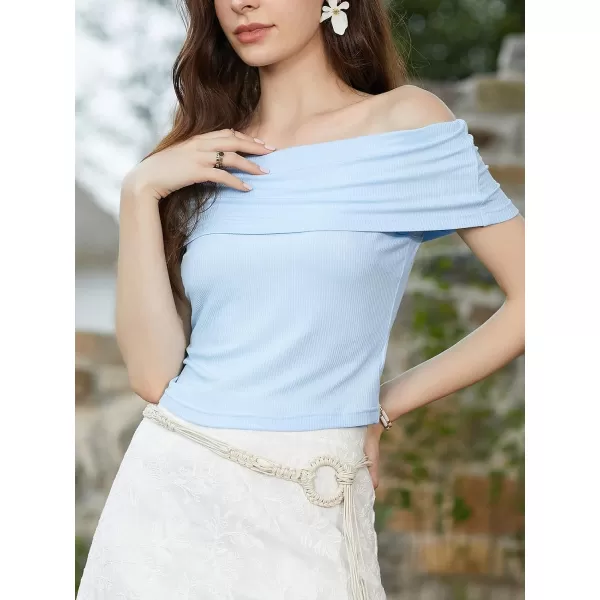 imageCUPSHE Womens Casual Tops Blouse OffShoulder Ribbed Knit Solid Top Sexy Slim Fit BlousesBlue