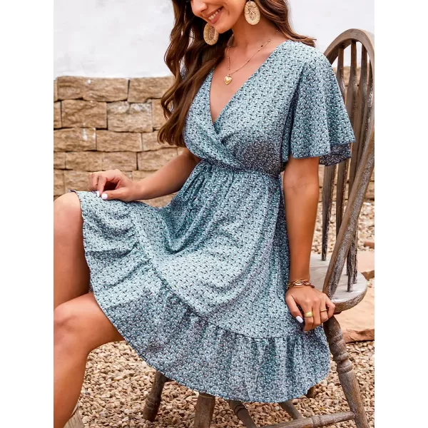 imageCUPSHE Womens Casual V Neck A Line Short Length Dresses Tie Front Mini Dress with Flared SleevesLight Blue