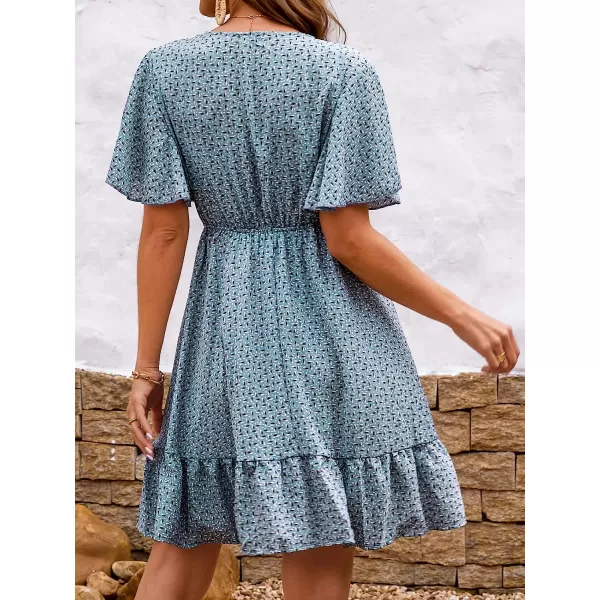 imageCUPSHE Womens Casual V Neck A Line Short Length Dresses Tie Front Mini Dress with Flared SleevesLight Blue