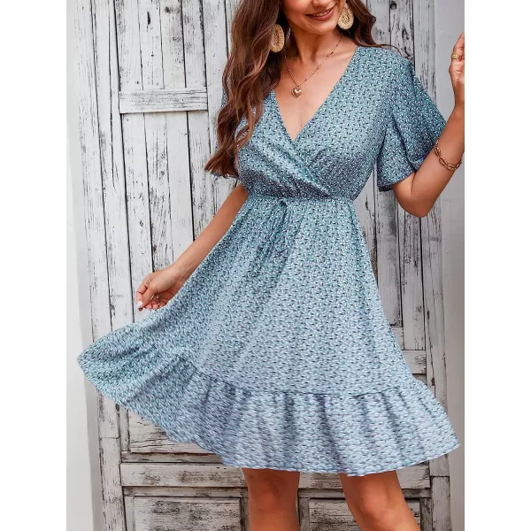 imageCUPSHE Womens Casual V Neck A Line Short Length Dresses Tie Front Mini Dress with Flared SleevesLight Blue