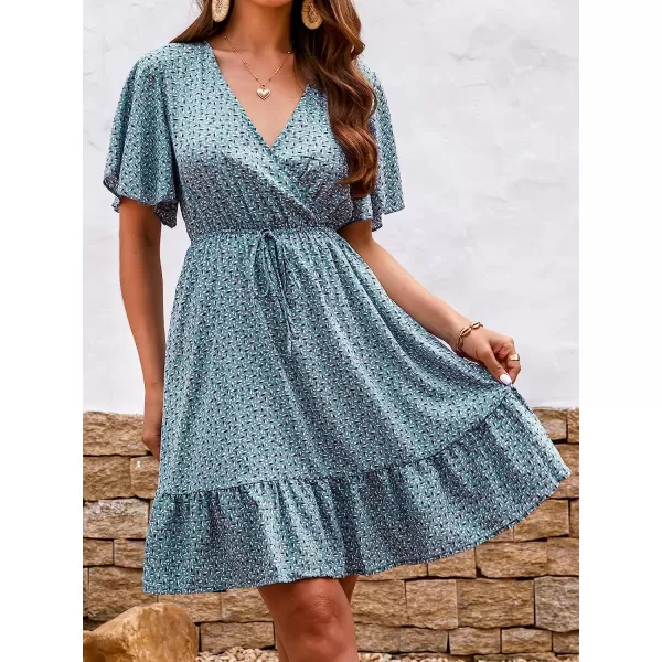 imageCUPSHE Womens Casual V Neck A Line Short Length Dresses Tie Front Mini Dress with Flared SleevesLight Blue