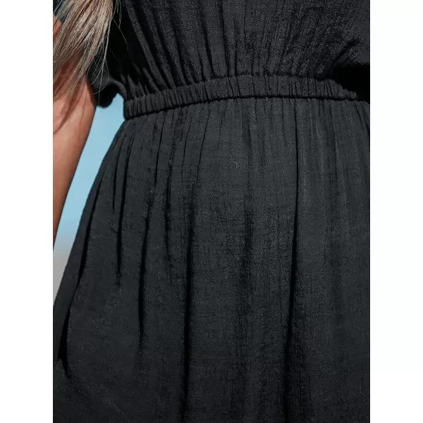imageCUPSHE Womens Casual V Neck Bathing Suit Cover Up Ruched Summer Beach Mini Dress with Elastic WaistBlack