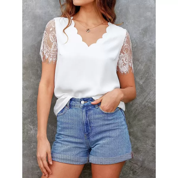 imageCUPSHE Womens Casual V Neck Blouse Lace Trim Shirts Short Sleeves Tops with Scalloped DesignWhite
