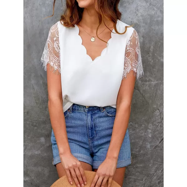 imageCUPSHE Womens Casual V Neck Blouse Lace Trim Shirts Short Sleeves Tops with Scalloped DesignWhite