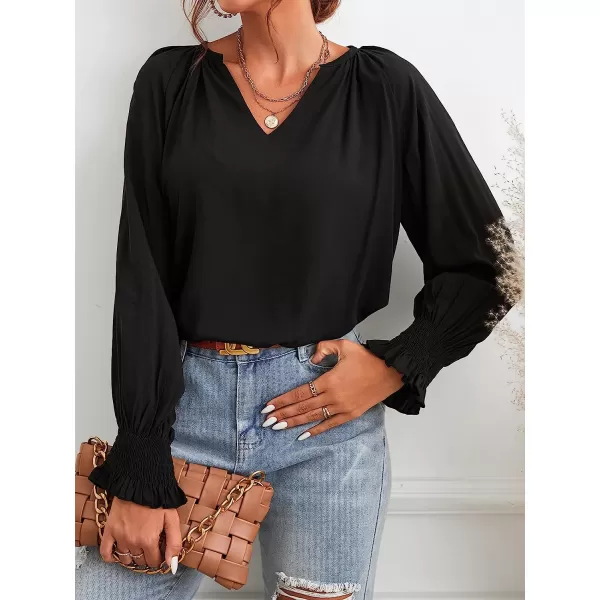 imageCUPSHE Womens Casual V Neck Blouse Shirred Tops Lightweight Work Shirts with Smocking CuffsBlack