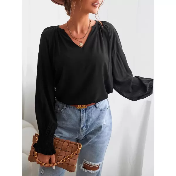 imageCUPSHE Womens Casual V Neck Blouse Shirred Tops Lightweight Work Shirts with Smocking CuffsBlack