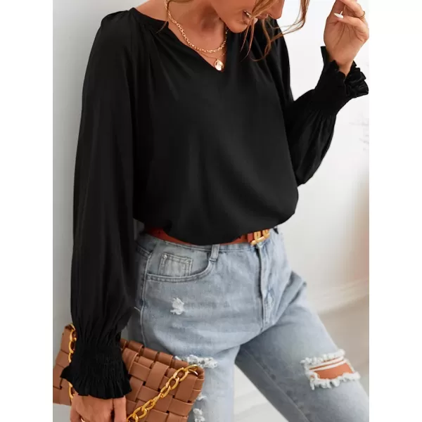 imageCUPSHE Womens Casual V Neck Blouse Shirred Tops Lightweight Work Shirts with Smocking CuffsBlack