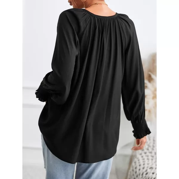 imageCUPSHE Womens Casual V Neck Blouse Shirred Tops Lightweight Work Shirts with Smocking CuffsBlack