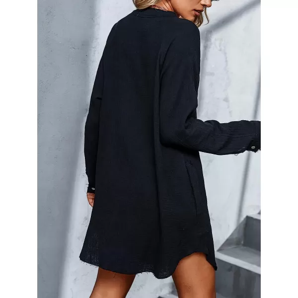 imageCUPSHE Womens Casual V Neck Cotton Short Length Shirt Dress Loose Button Down Mini DressBlack