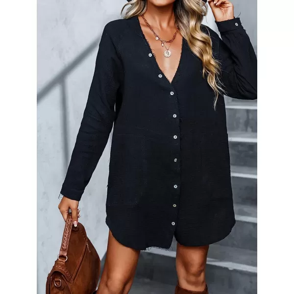 imageCUPSHE Womens Casual V Neck Cotton Short Length Shirt Dress Loose Button Down Mini DressBlack