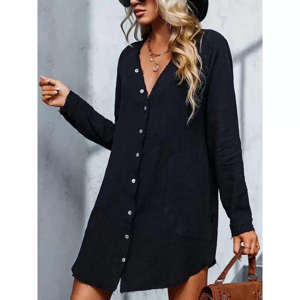 imageCUPSHE Womens Casual V Neck Cotton Short Length Shirt Dress Loose Button Down Mini DressBlack