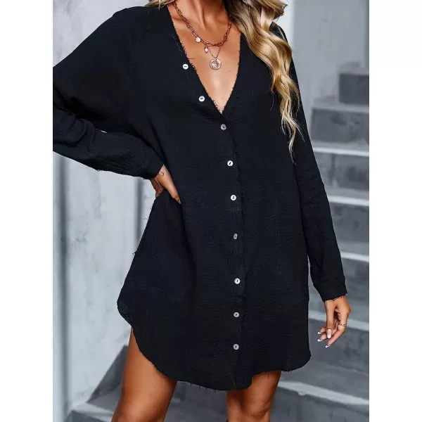 imageCUPSHE Womens Casual V Neck Cotton Short Length Shirt Dress Loose Button Down Mini DressBlack