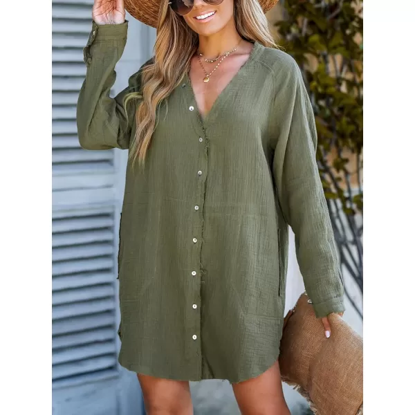 imageCUPSHE Womens Casual V Neck Cotton Short Length Shirt Dress Loose Button Down Mini DressOlive Green