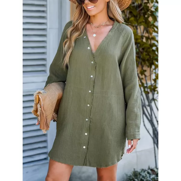 imageCUPSHE Womens Casual V Neck Cotton Short Length Shirt Dress Loose Button Down Mini DressOlive Green