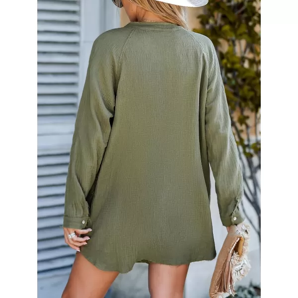 imageCUPSHE Womens Casual V Neck Cotton Short Length Shirt Dress Loose Button Down Mini DressOlive Green
