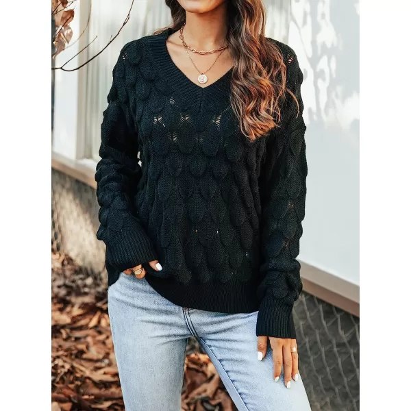 imageCUPSHE Womens Casual V Neck Crochet Knit Sweater Long Sleeves Pullover with Ribbed TrimBlack