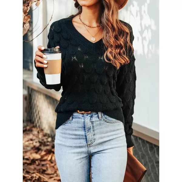 imageCUPSHE Womens Casual V Neck Crochet Knit Sweater Long Sleeves Pullover with Ribbed TrimBlack