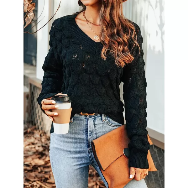 imageCUPSHE Womens Casual V Neck Crochet Knit Sweater Long Sleeves Pullover with Ribbed TrimBlack