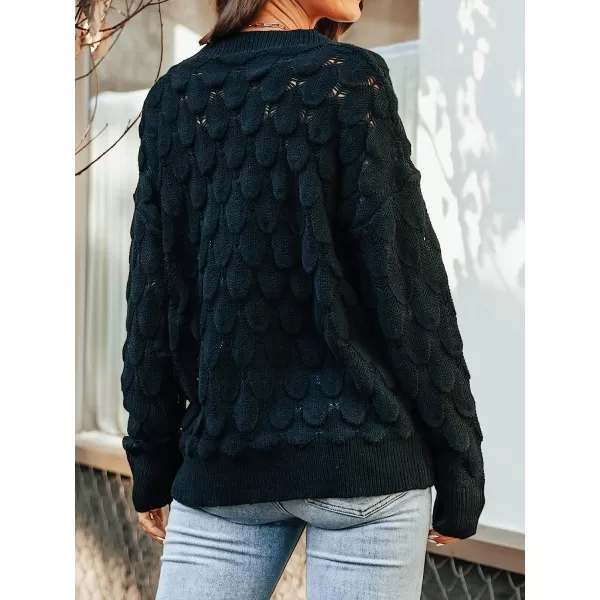 imageCUPSHE Womens Casual V Neck Crochet Knit Sweater Long Sleeves Pullover with Ribbed TrimBlack