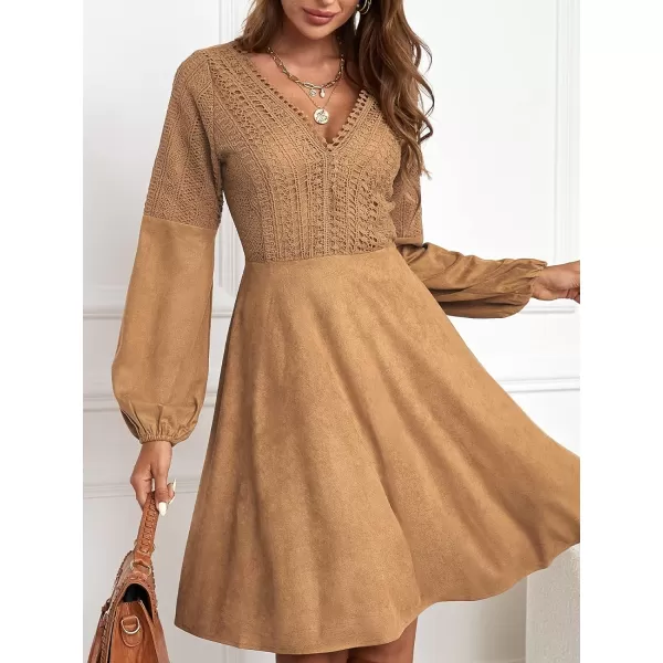 imageCUPSHE Womens Casual V Neck Knee Length Dresses ALine Long Sleeves Dress with Lace TrimLight Brown