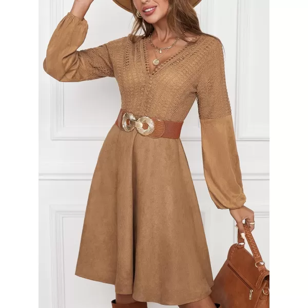 imageCUPSHE Womens Casual V Neck Knee Length Dresses ALine Long Sleeves Dress with Lace TrimLight Brown