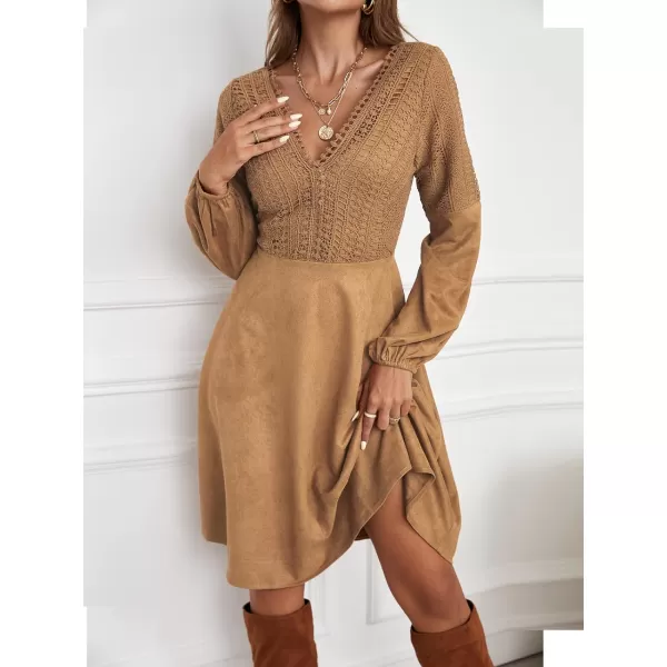imageCUPSHE Womens Casual V Neck Knee Length Dresses ALine Long Sleeves Dress with Lace TrimLight Brown