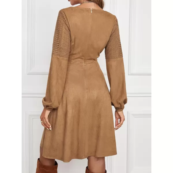 imageCUPSHE Womens Casual V Neck Knee Length Dresses ALine Long Sleeves Dress with Lace TrimLight Brown