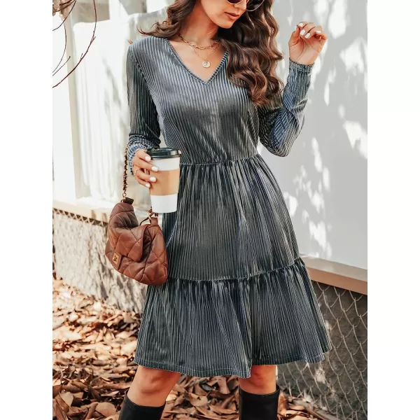 imageCUPSHE Womens Casual V Neck Knee Length Dresses Tiered Flounce Dress with Long SleevesGrey