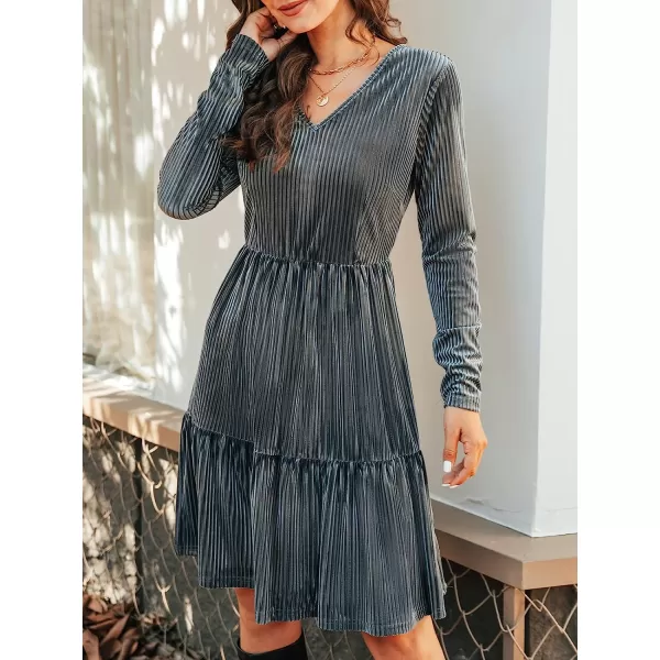 imageCUPSHE Womens Casual V Neck Knee Length Dresses Tiered Flounce Dress with Long SleevesGrey