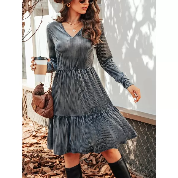 imageCUPSHE Womens Casual V Neck Knee Length Dresses Tiered Flounce Dress with Long SleevesGrey