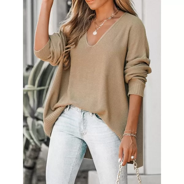 imageCUPSHE Womens Casual V Neck Knit Sweater Oversized Long Sleeves Pullover with Ribbed Trim DetailLight Brown