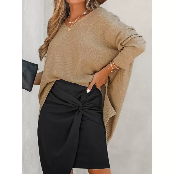 imageCUPSHE Womens Casual V Neck Knit Sweater Oversized Long Sleeves Pullover with Ribbed Trim DetailLight Brown