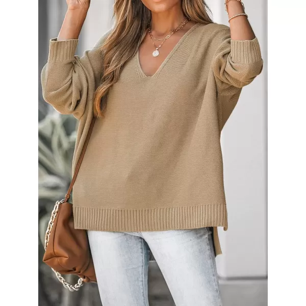 imageCUPSHE Womens Casual V Neck Knit Sweater Oversized Long Sleeves Pullover with Ribbed Trim DetailLight Brown