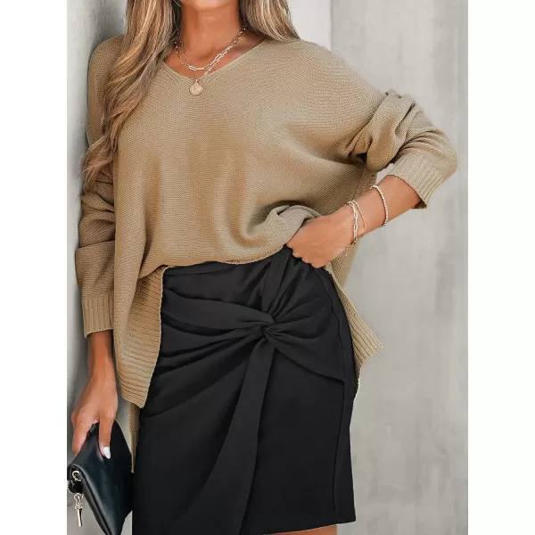 imageCUPSHE Womens Casual V Neck Knit Sweater Oversized Long Sleeves Pullover with Ribbed Trim DetailLight Brown
