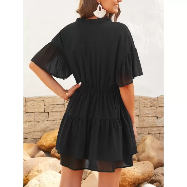 imageCUPSHE Womens Casual V Neck Ruched Short Length Dresses Elastic Waist Ruffled Mini Dress with Short SleevesBlack