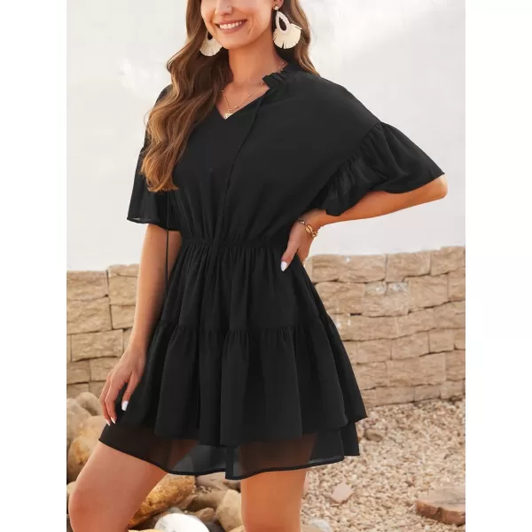 imageCUPSHE Womens Casual V Neck Ruched Short Length Dresses Elastic Waist Ruffled Mini Dress with Short SleevesBlack