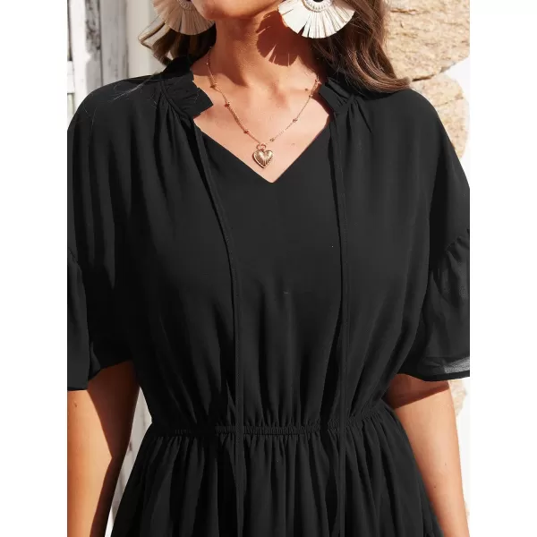 imageCUPSHE Womens Casual V Neck Ruched Short Length Dresses Elastic Waist Ruffled Mini Dress with Short SleevesBlack