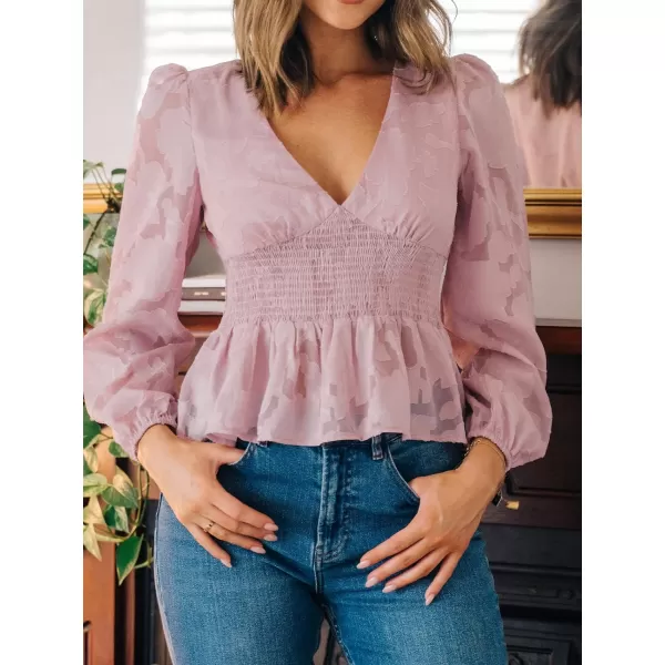 imageCUPSHE Womens Casual V Neck Ruffled Blouse Smocking Waisted Shirts Long Sleeves TopsPink